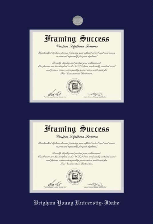 Custom Diploma Frames Certificate Framing Success Byu Brigham Young University Idaho Double Diploma Frame With Medallion And Navy Blue Silver Mat Embossing