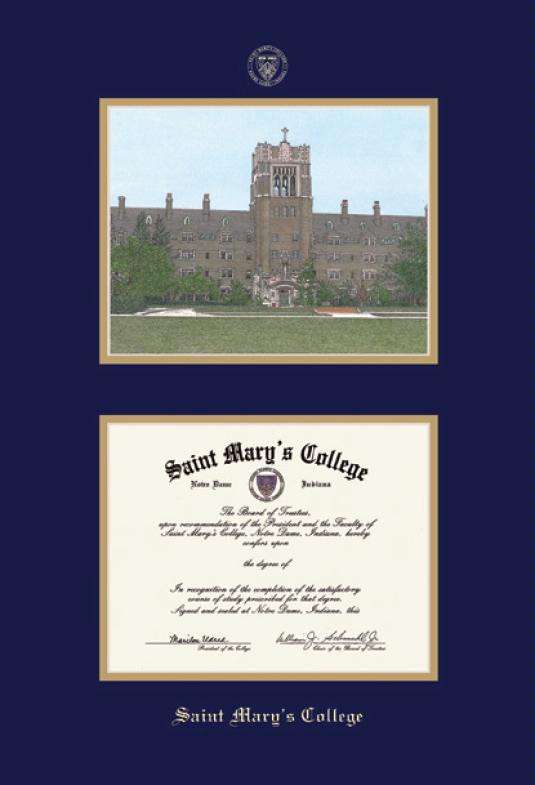 Custom Diploma Frames Certificate Framing Success Saint Saint Mary S College In Indiana Diploma 5 14 To Present And Litho Frame With Navy Blue Gold Double Mat Embossing Approximate Size 25 X